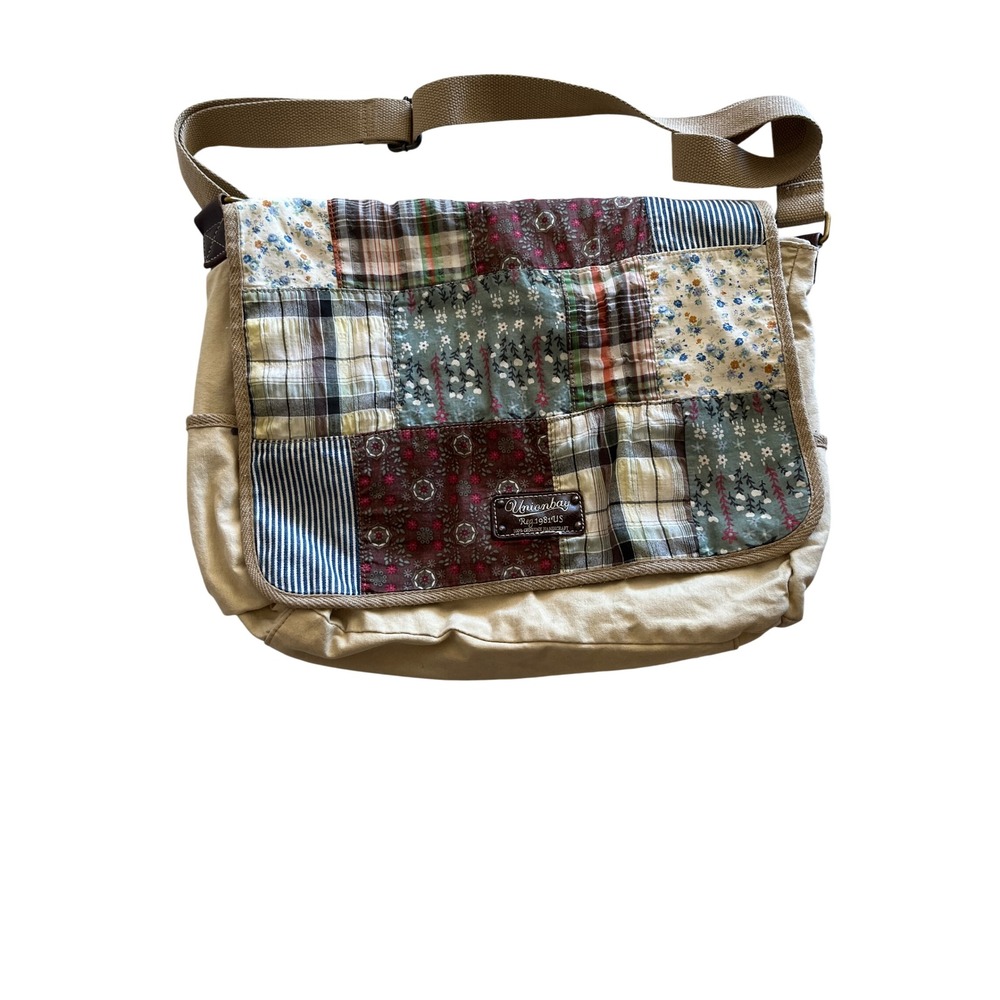 Unionbay Patchwork Messenger Bag Tan Canvas Crossbody Floral Plaid Multi-Color